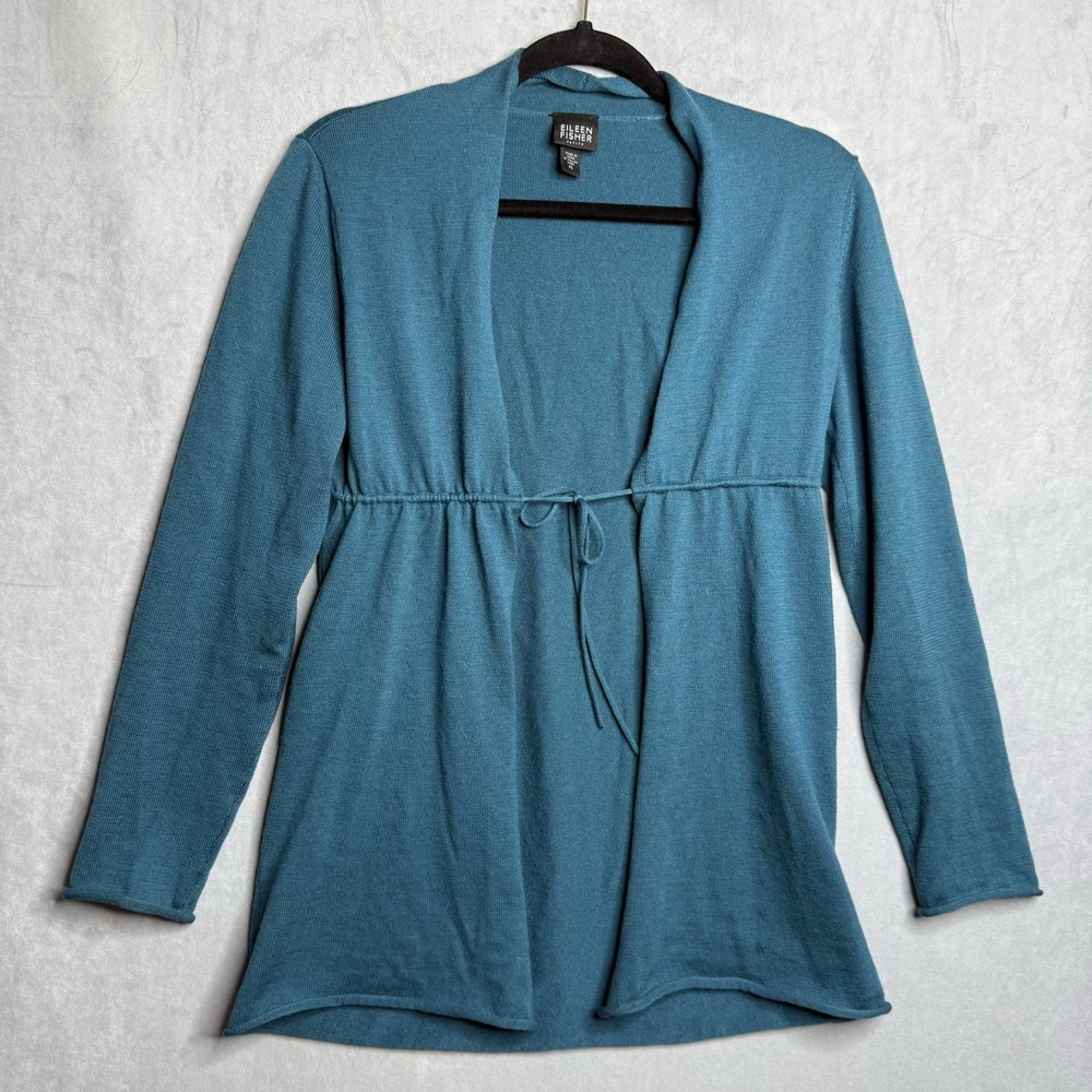 Eileen Fisher‎ Sweater Womens PS Merino Wool Teal Open Front Cardigan Fall